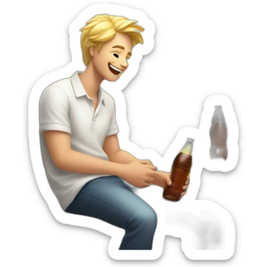 A blond male student in a white shirt with a bottle of soda in an open pose laughs on a bench sticker