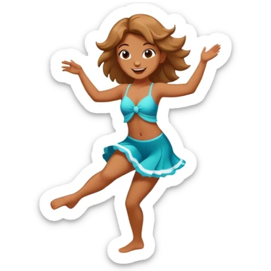 Dancing cartoon character on a sunny beach with sunlight highlighting them, playful pose, ocean waves in background sticker