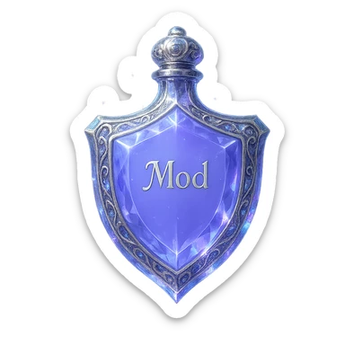 luxurious crystal elixir bottle in shield shape, color #7986cb, ornate silver and iridescent details, very small neck, seamless bottom, floating in air with no base or shadow, modern collection style, magical glowing and sparkling effects, the word 'Mod' written on the bottle, transparent background sticker