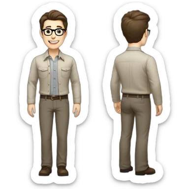 Joyful Full height Pale skinned Fit Man With dark brown hair in gray jacket, beige office shirt, Brown pants and vintage glasses. His thrumbs up sticker