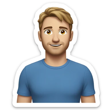 A head and shoulders shot of a 32 year old Caucasian man, with short brown hair,   with blue eyes wearing a t-shirt. sticker