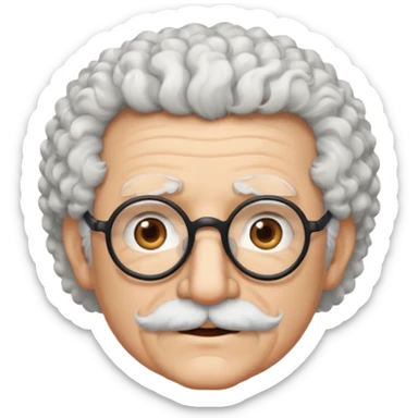 An elderly scientist emoji fluffy curly white hair, brown eyes behind black-framed glasses, a narrow pointed face, and a thin straight white mustache above his mouth. sticker