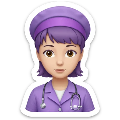 A young female slim nurse with short brown hair with fringe over her forehead, wearing larvendar purple working cloth sticker