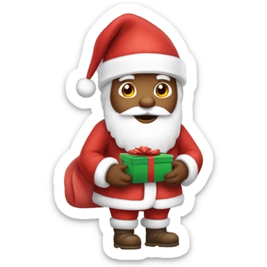 “An adorable full-body Santa in a red suit, fluffy white beard, rosy cheeks, big eyes, and a red hat with a white pom-pom, holding a small gift.” sticker