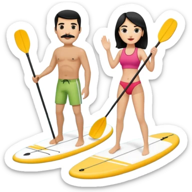 Make a couple paddle boarding both white skin and black hair and the guy has a black mustache  sticker