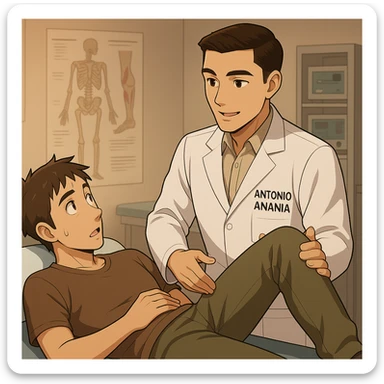 fai un webtoon manga a colori con questo stile, in cui un uomo è steso sul lettino medico e il kinesiologo con il camice bianco (fagli anche la scritta "ANTONIO ANANIA" SUL CAMICE, gli solleva una gamba per fargli il test neuromuscolare, IL KINESIOLOGO SPIEGA ALL'UOMO UNA cosa mentre gli alza la gamba. non fare i fumetti però, fai solo in modo che sembri stiano parlando sticker