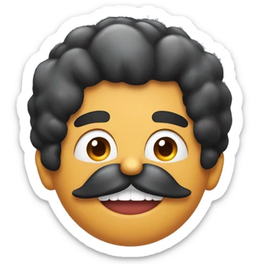 Man with a tooth brush mustache and black hair with a volcano eruption on his head sticker