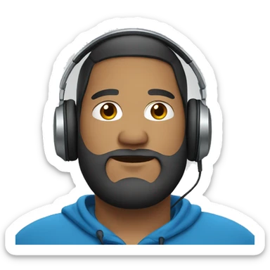 fat guy wearing headphones with blue hoodie and beard sticker