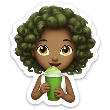 Girl with curls brunnette drinking matcha  sticker