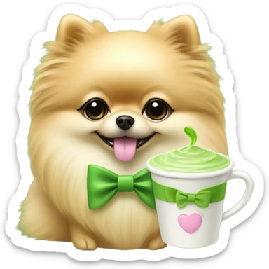 Pomeranian with a pink bow holding a matcha latte sticker