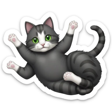 solid dark grey cat with green eyes, white toes/paws and white patch on her chest playfully rolling upside down sticker