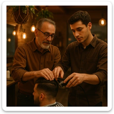 Inside a cozy barbershop with soft lighting, an experienced barber gently teaches his apprentice, guiding his hands as they cut hair together. The room is filled with warmth, plants hanging from the ceiling, and the hum of clippers sticker
