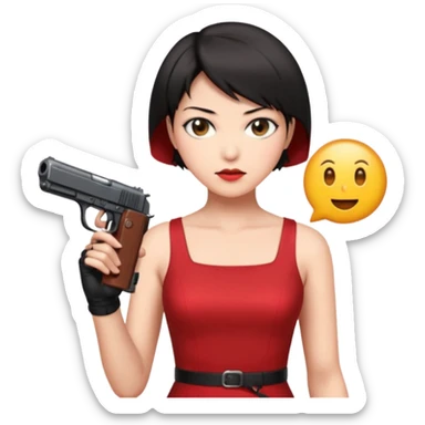 Ada Wong from Resident Evil, stylish woman with short black hair, wearing a red dress and holding a pistol, simple and expressive emoji style sticker