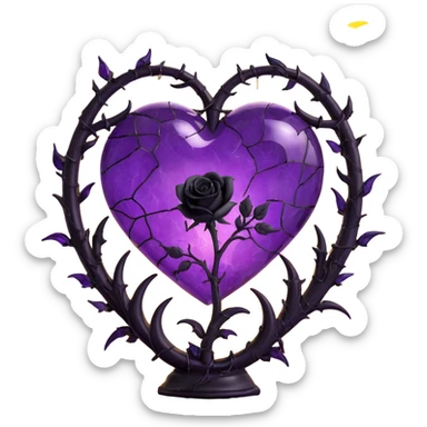 gothic heart made of purple glass with double crescent moons on each side, single black rose stem, branching lightning, gentle mist rain, mosaic cracked glass texture sticker
