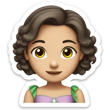 Girl with shoulder length dark brown hair, green eyes, in a princess outfit sticker