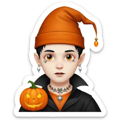 wampire boy with pumpkin hat and face tattooed and extra big earing sticker