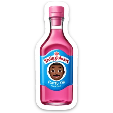 bottle of oil blue top pink outside with logo that says Diddy Party oil Johnson and Johnson  brand with a smiling berry on top sticker