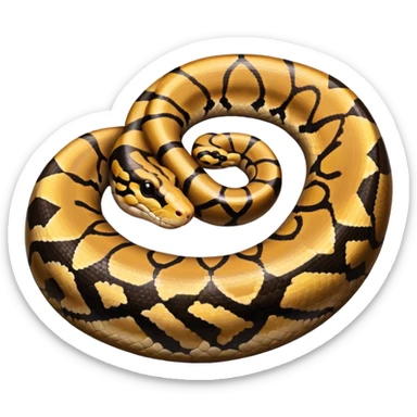 A photo-realistic top-down view of a Ball Python gently coiled into a tight spiral, with its head resting peacefully at the center. The pattern flows smoothly around the curves of its body, emphasizing its natural camouflage and calm demeanor. sticker