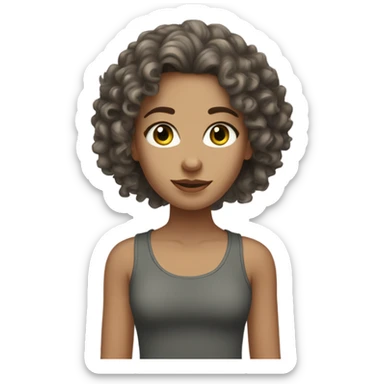 white Girl wearing dark, gray tank top, long curly hair that’s brown, gren eyes light skin sticker