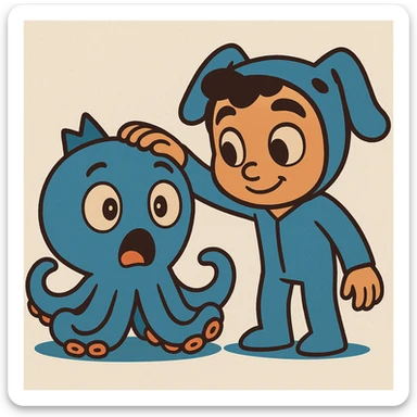 Change the octopus to have a surprised expression with wide eyes and open mouth, while the human keeps a gentle smile. Cartoon style, keep the same pose. sticker