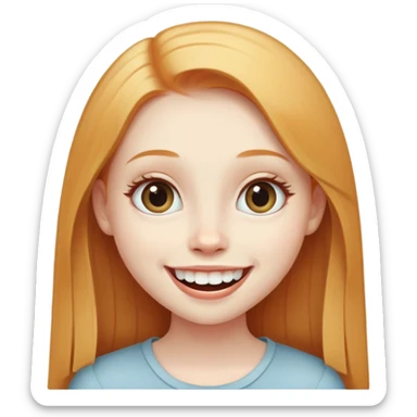 traditional simple emoji of young girl with very pale skin, long straight ginger blonde hair, big eyes, big smile with teeth showing, classic round face sticker