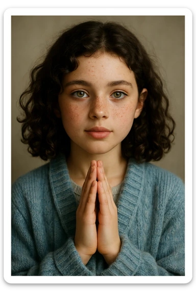 a young girl with dark brown curly hair just below her shoulders, green eyes, freckles, plump lips, wearing a cozy cardigan in milky blue tones, hands folded as in prayer or gratitude, looking forward sticker