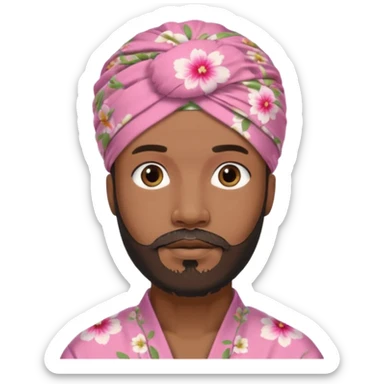 Black male, goatee beard, wearing pink floral turban-style head wrap sticker