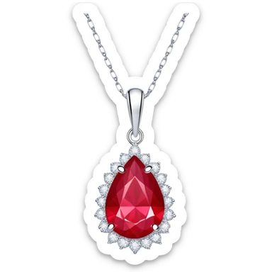 teardrop ruby pendant with silver chain and white stones, radiating luminous aura sticker