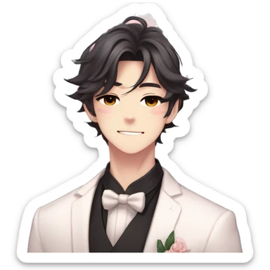 Gorgeous romantic anime style Asian formal modern gentlemanly guy with cat ears and flowers and blushing face aesthetic trending style outside sticker