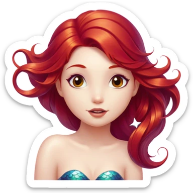 Cinematic Realistic Red Hair Mermaid Portrait, head tilted playfully and inquisitively, showcasing an ethereal form with finely detailed, flowing red hair against luminous porcelain skin. Her bright, curious eyes sparkle like hidden gems beneath the gentle caress of underwater light, rendered with lifelike clarity and warm, filtered illumination—capturing the essence of a spirited mermaid ready to splash playfully into your imagination. sticker