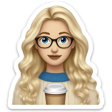 Blonde balayage long hair white women beige sweater blue eyes and small glasses holding coffee sticker