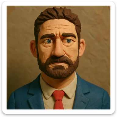 portrait inspired by Gerard Butler, face narrower and forehead slightly larger, claymation style, slightly different expression sticker