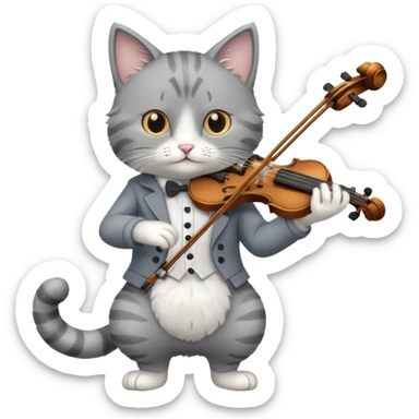 grey cat play violin, long full body sticker