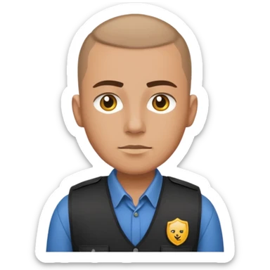Security guard with buzzcut, vest on with button up underneath sticker