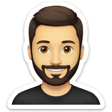 người đàn ông 35 tuổi, da vàng, tóc ngắn nhuộm màu nâu, râu quai nón đen hơi xoăn nhẹ, mặt cười tươi, áo màu đen sticker