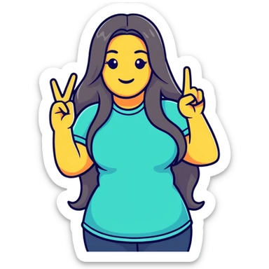 cartoon sticker of a curvy girl with long hair, making a peace sign, colorful and lively sticker