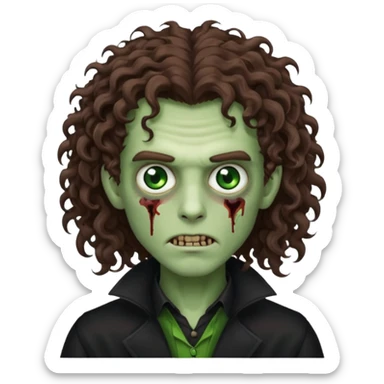 long curly haired male zombie with brown hair color and green eye color, with dark vampire clothes sticker