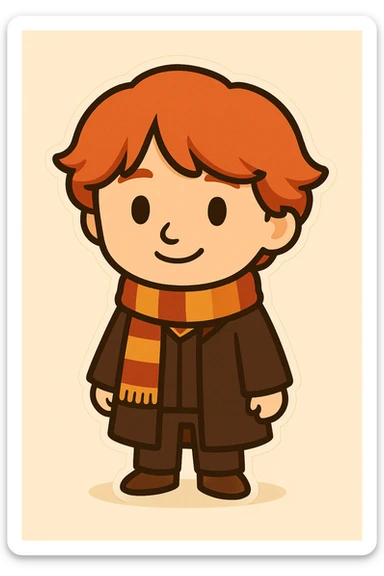Full body illustration of Ron Weasley in a cute, cartoon, simplified style similar to the previous image: red hair, striped scarf, Hogwarts robe, friendly expression, bold black lines, and soft colors. sticker
