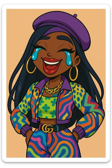 Change her outfit style to a bold, colorful fashion-forward look, keep her as a 20-year-old anime Bratz style woman with dark skin, dark hair, crying laughing expression, big expressive eyes, and glossy lips. sticker