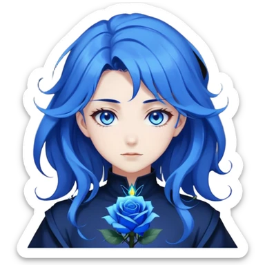 anime girl with dark blue hair, blue rose in hair, glowing blue eyes, Solo Leveling style, sharp features, blue magical aura, 2D emoji sticker