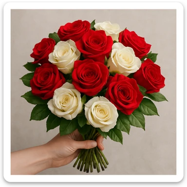 a hand-tied bouquet of red and white roses, vibrant and romantic, with green leaves sticker