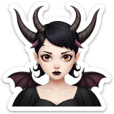 Demon girl, entire skin solid red, black hair, horns, bat wing, black dress, tattoo-flash comic. sticker