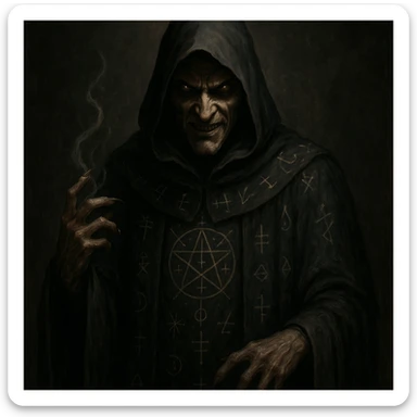 dark wizard, hooded cloak, arcane symbols, sinister expression sticker