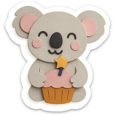 happy koala holding cupcake with 1 star candle in paper-craft style sticker