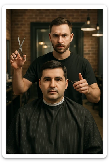 manashu akani yuzlaridan foydalanib sartarosh chizib bergin u soch olishga tayyor turganini chizib ber old rakursda bulsin mijoz tugriga qarab utirganini va sartarosh uni orqasida turib bitta ulida qaychi, ikkta quli bilan tayyorgarlik kurib turganini chizib ber xuddi 1,2,3 boshladik degandey birdaniga ishga kirishib ketadigan dek tayyor bulib tursin sticker