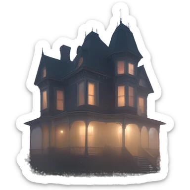 Wide view, A ramshackle Victorian mansion looms through dense fog at dusk  sticker