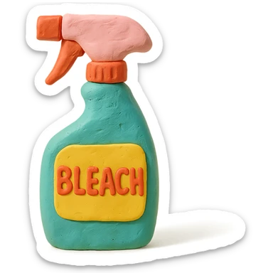 bleach spray bottle in claymation style with a bold label, playful arrangement, pastel palette sticker