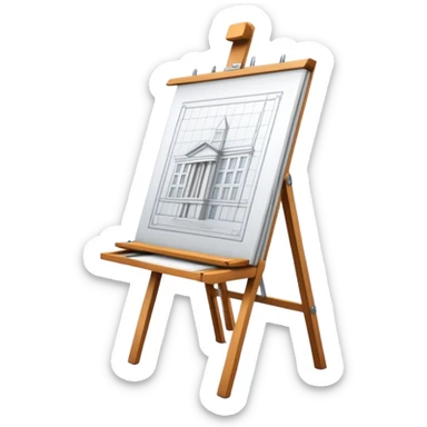Sleek icon for Architecture: engineer's drawing board with 3D model of the building,  pencil, architect's easel, rulers and protractor. Transparent background. sticker