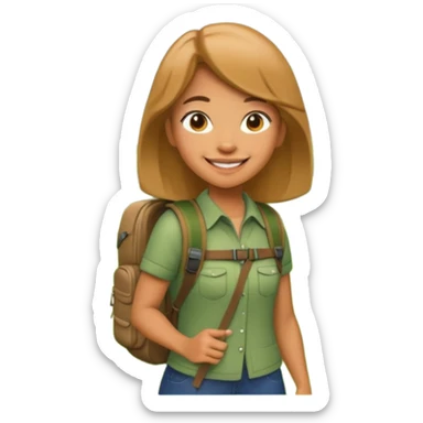 A 3D cartoon woman with a backpack smiling outdoors, surrounded by greenery, Memoji-style realism. sticker