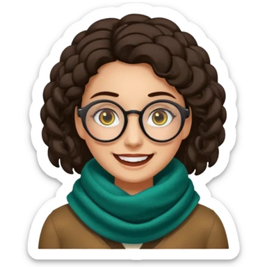 Emoji estilo WhatsApp de una mujer sonriente con rostro ovalado, piel semi oscura, ojos grandes y oscuros, cejas gruesas arqueadas, gafas grandes redondeadas, rizos voluminosos negros, bufanda colorida y expresión tierna. Colores limpios, contornos suaves y fondo transparente. sticker